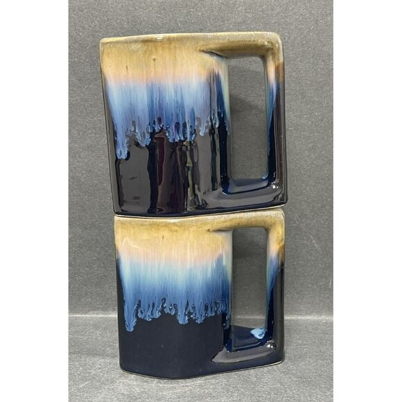 Rodolfo Padilla Coffee Mugs Mexico Set Of 2 Drip Glaze Vintage Blues Tans Pair - Picture 1 of 11